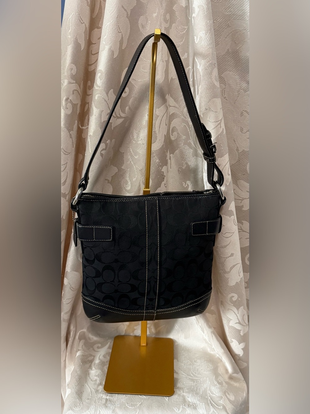 Coach Signature Jacquard Black Hobo Shoulder Bag Leather Trim Buckle Purse - Picture 4 of 11